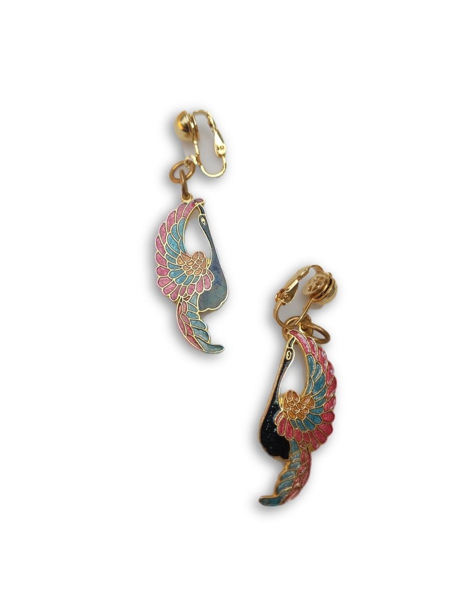 Peacock in Flight Earrings - clip back - Dirty30 Vintage