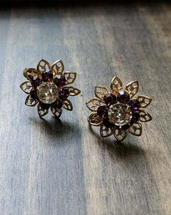 Vintage Earrings Screw Back Layered Flower Starburst with Purple Clear Rhinestone Accents