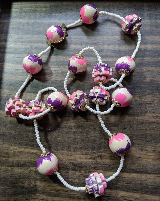 Purple + Pink Wood Jig Saw Puzzle Necklace - Dirty30 Vintage