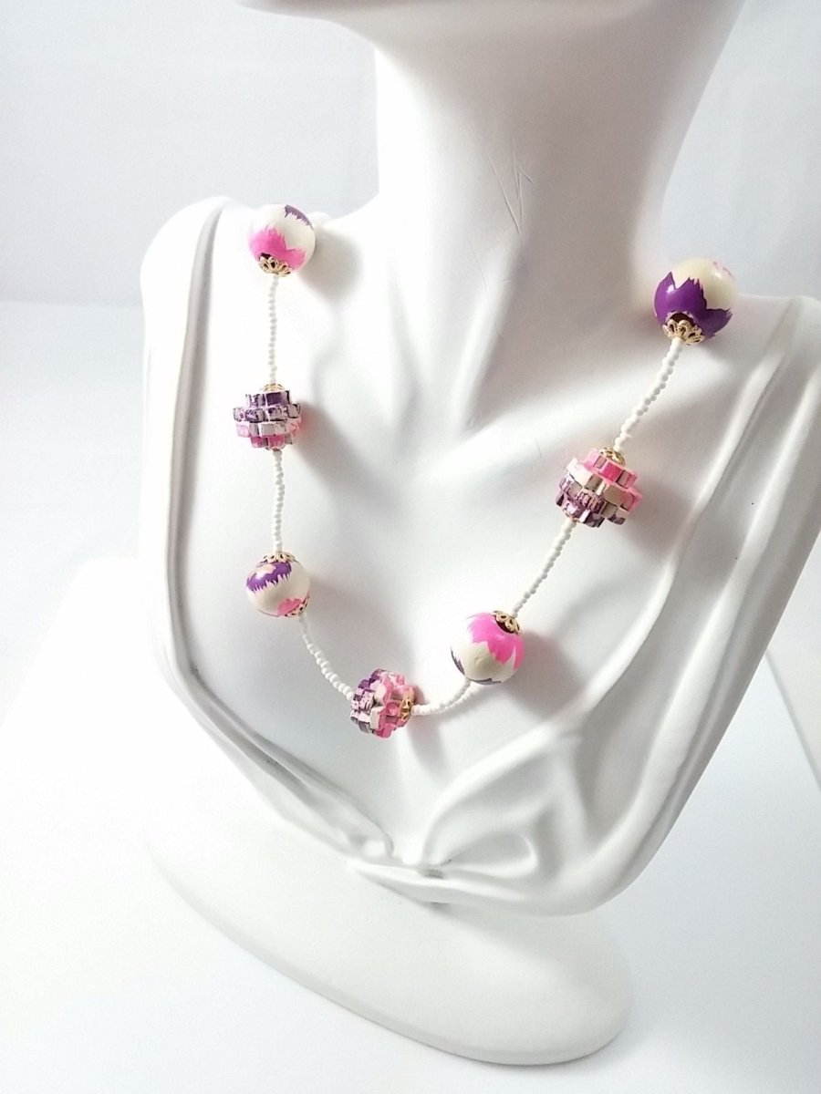 Purple + Pink Wood Jig Saw Puzzle Necklace - Dirty30 Vintage