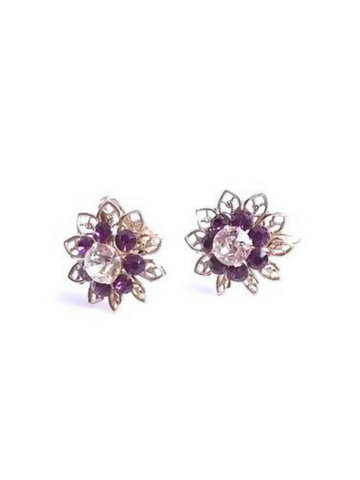 Vintage Earrings Screw Back Layered Flower Starburst with Purple Clear Rhinestone Accents - Dirty 30 Vintage | Vintage Clothing, Vintage Jewelry, Vintage Accessories