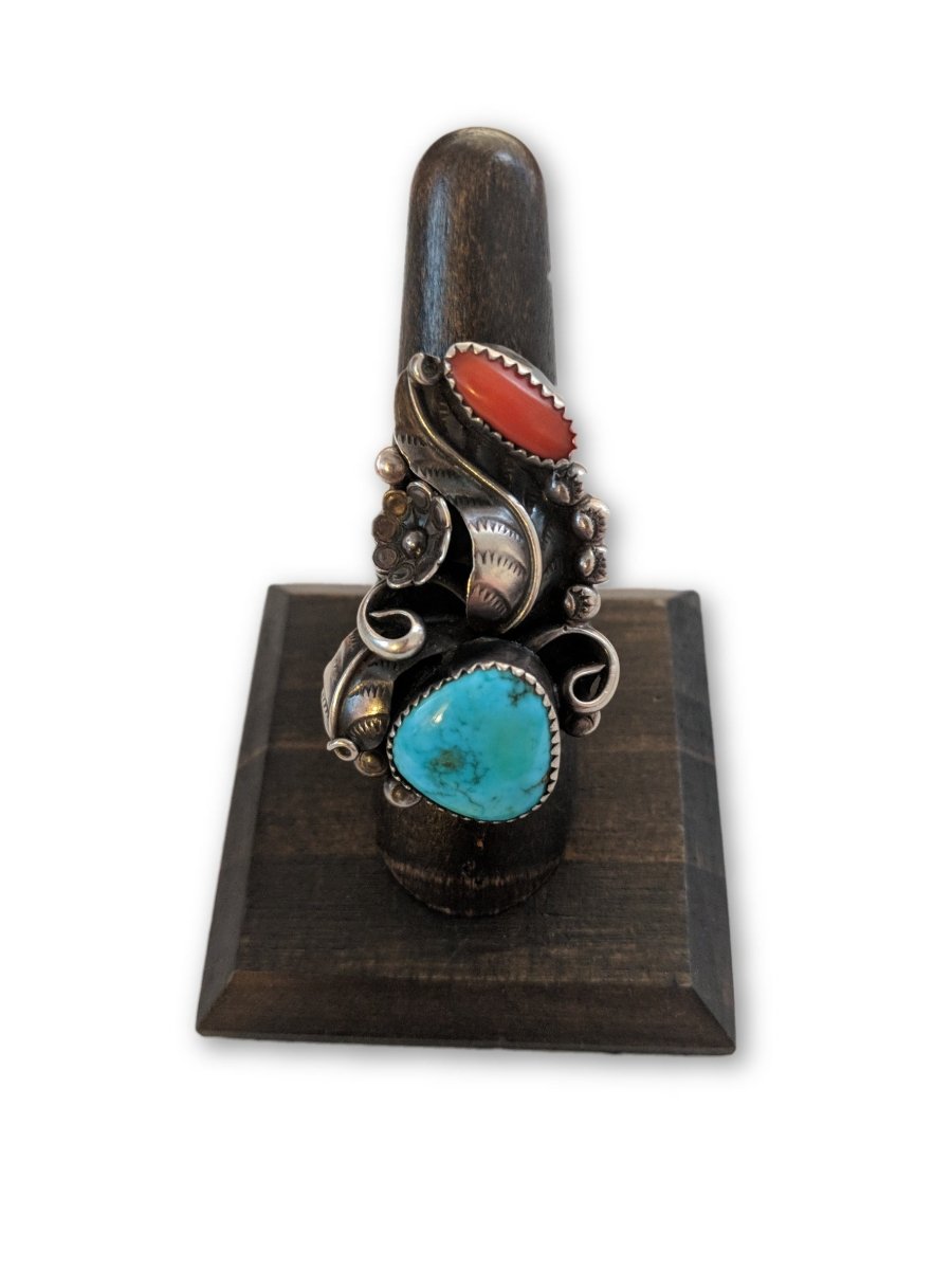 Southwest Turquoise & Coral Ring Size 7.75 - Dirty30 Vintage