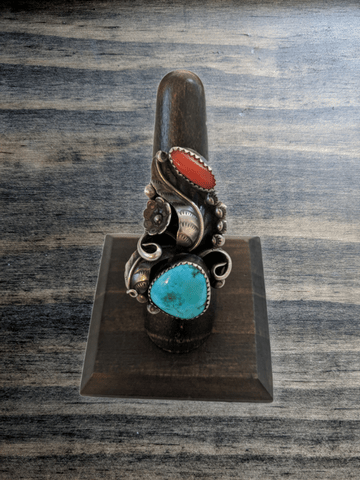 Southwest Turquoise & Coral Ring Size 7.75 - Dirty30 Vintage