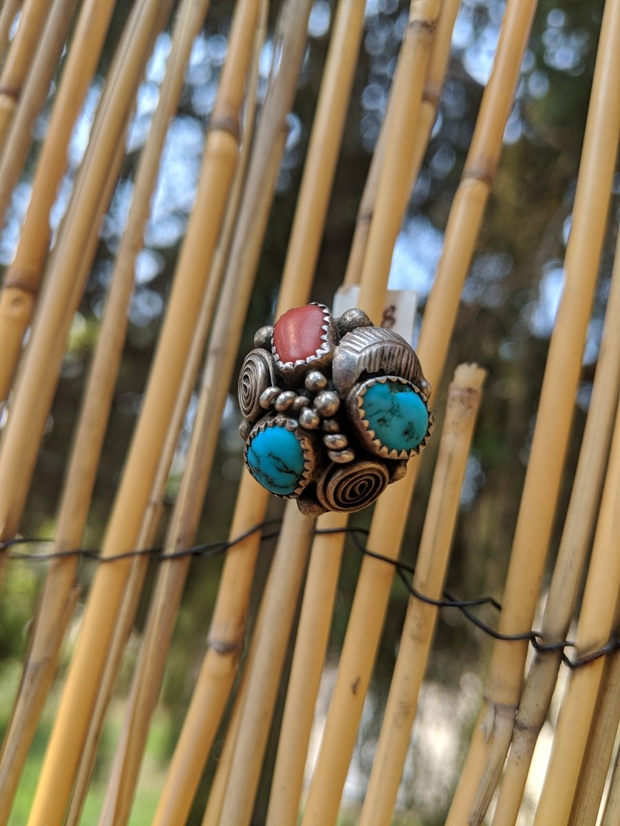 Southwest Turquoise & Coral Ring Size 8.25 - Dirty30 Vintage