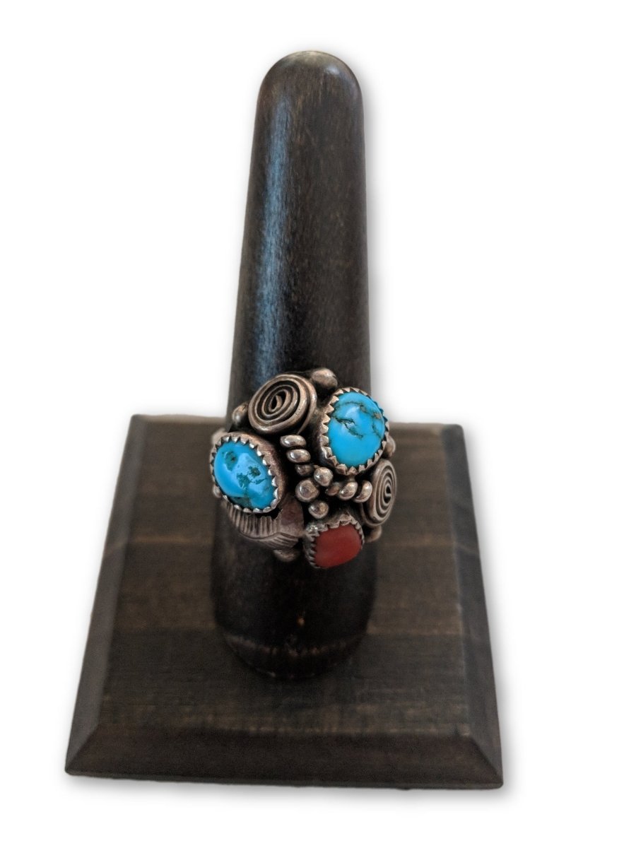 Southwest Turquoise & Coral Ring Size 8.25 - Dirty30 Vintage