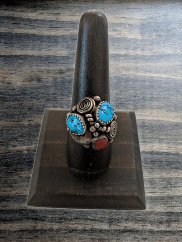 Southwest Turquoise & Coral Ring Size 8.25 - Dirty30 Vintage