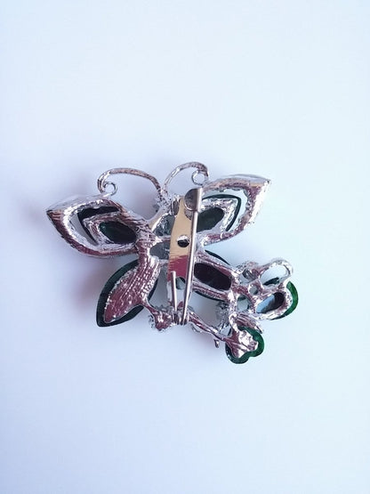 Sweet Butterfly Brooch Green Green Facet Cut Wing Accent w/ Peridot Colored Rhinestone - Dirty30 Vintage