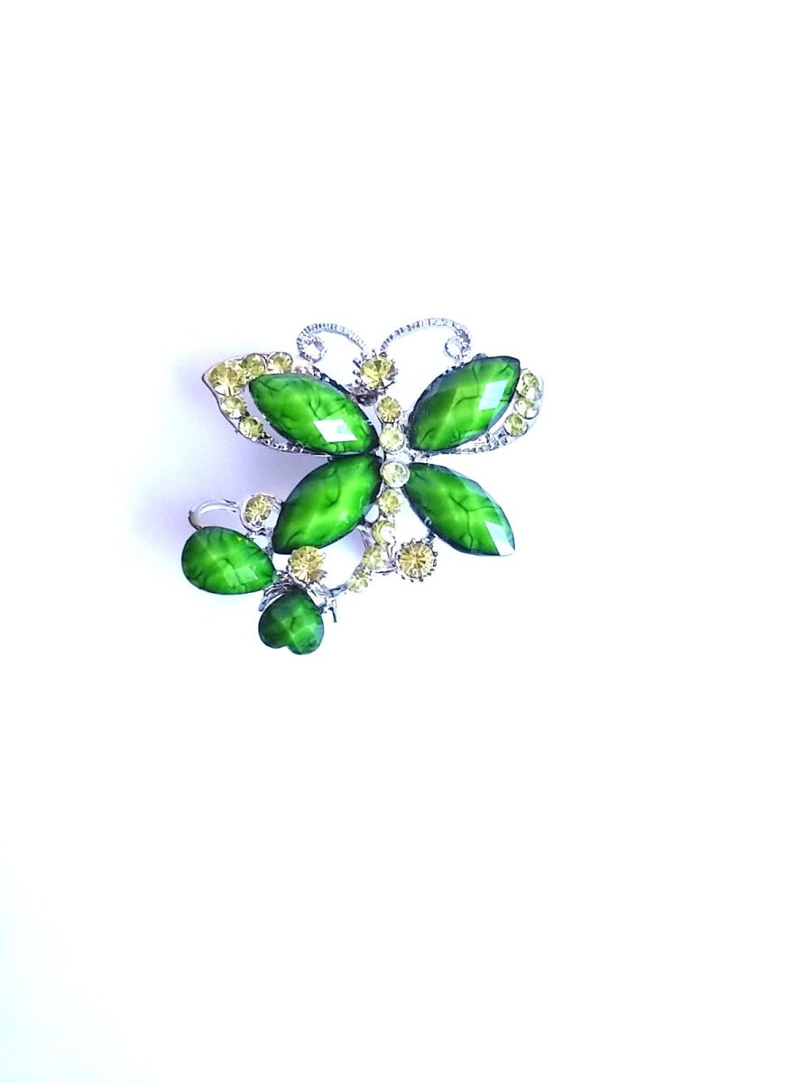 Sweet Butterfly Brooch Green Green Facet Cut Wing Accent w/ Peridot Colored Rhinestone - Dirty30 Vintage