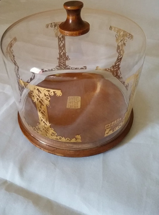 Vintage 1960's Pyrex Cheese Dish Glass Dome w/Gold Florentine Scroll Wood Base - Dirty30 Vintage