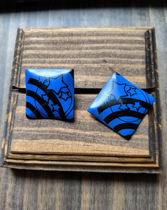 Vintage 1980s Blue & Black Square Earrings w Stars - Dirty30 Vintage