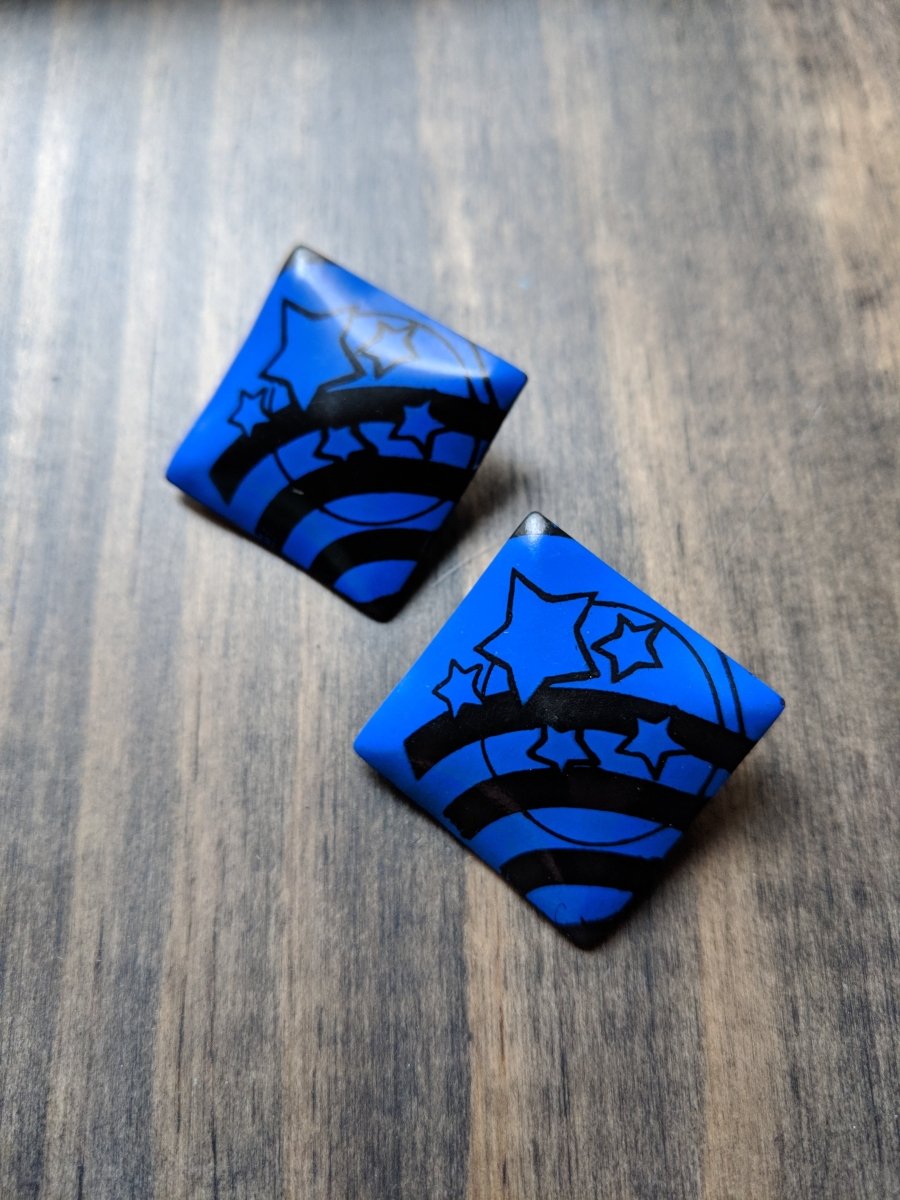 Vintage 1980s Blue & Black Square Earrings w Stars - Dirty30 Vintage