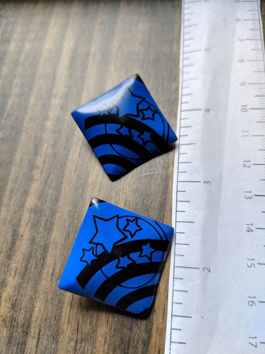 Vintage 1980s Blue & Black Square Earrings w Stars - Dirty30 Vintage