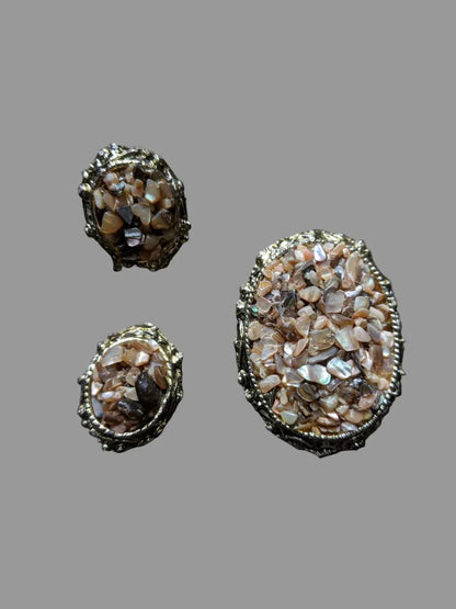 Vintage 50s 60s Chip Shell Demi Brooch and Clip Earrings - Dirty30 Vintage
