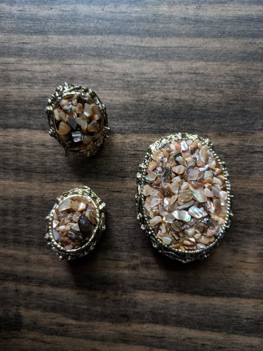 Vintage 50s 60s Chip Shell Demi Brooch and Clip Earrings - Dirty30 Vintage