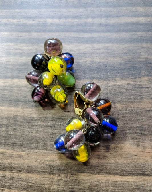Vintage 50s 60s Earrings Glass Beads Dangle Multi Colored - Dirty30 Vintage