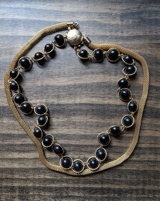 Vintage 50s 60s Necklace Double Strand Black Beaded Mesh - Dirty30 Vintage