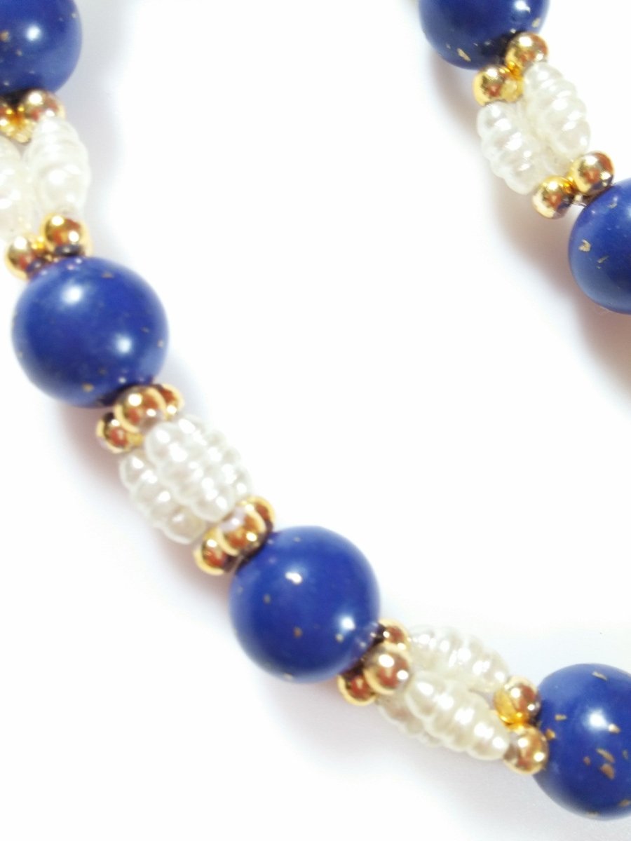 Vintage 50s 60s Necklace Fresh Water Pearl and Blue Beads w/ Gold Flecks - Dirty30 Vintage