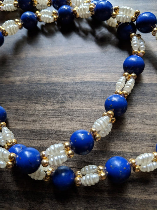 Vintage 50s 60s Necklace Fresh Water Pearl and Blue Beads w/ Gold Flecks - Dirty30 Vintage