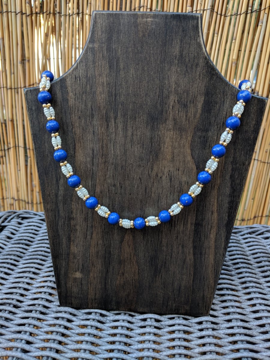 Vintage 50s 60s Necklace Fresh Water Pearl and Blue Beads w/ Gold Flecks - Dirty30 Vintage
