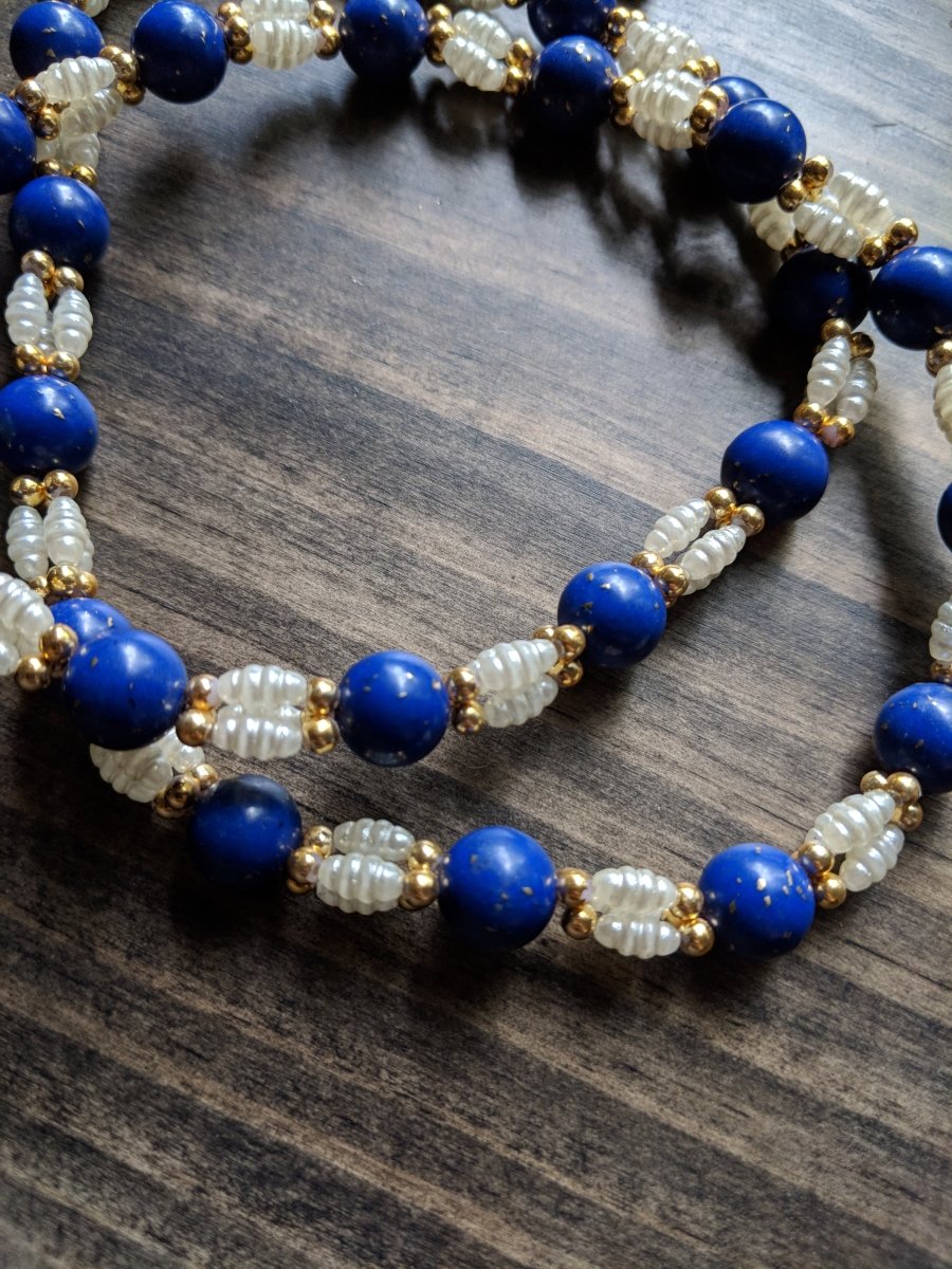 Vintage 50s 60s Necklace Fresh Water Pearl and Blue Beads w/ Gold Flecks - Dirty30 Vintage