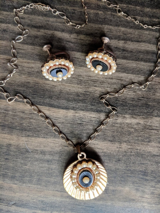 Vintage 50s Necklace & Earring Set Brass Tone w/ Black Onyx and Seed Pearl Center - Dirty30 Vintage