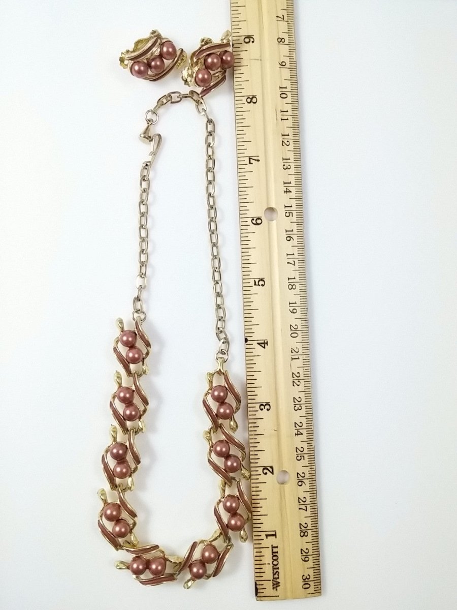 Vintage 60s Necklace & Earring Set - Faux Brown Pearl w/ Gold Tone Links - Dirty30 Vintage