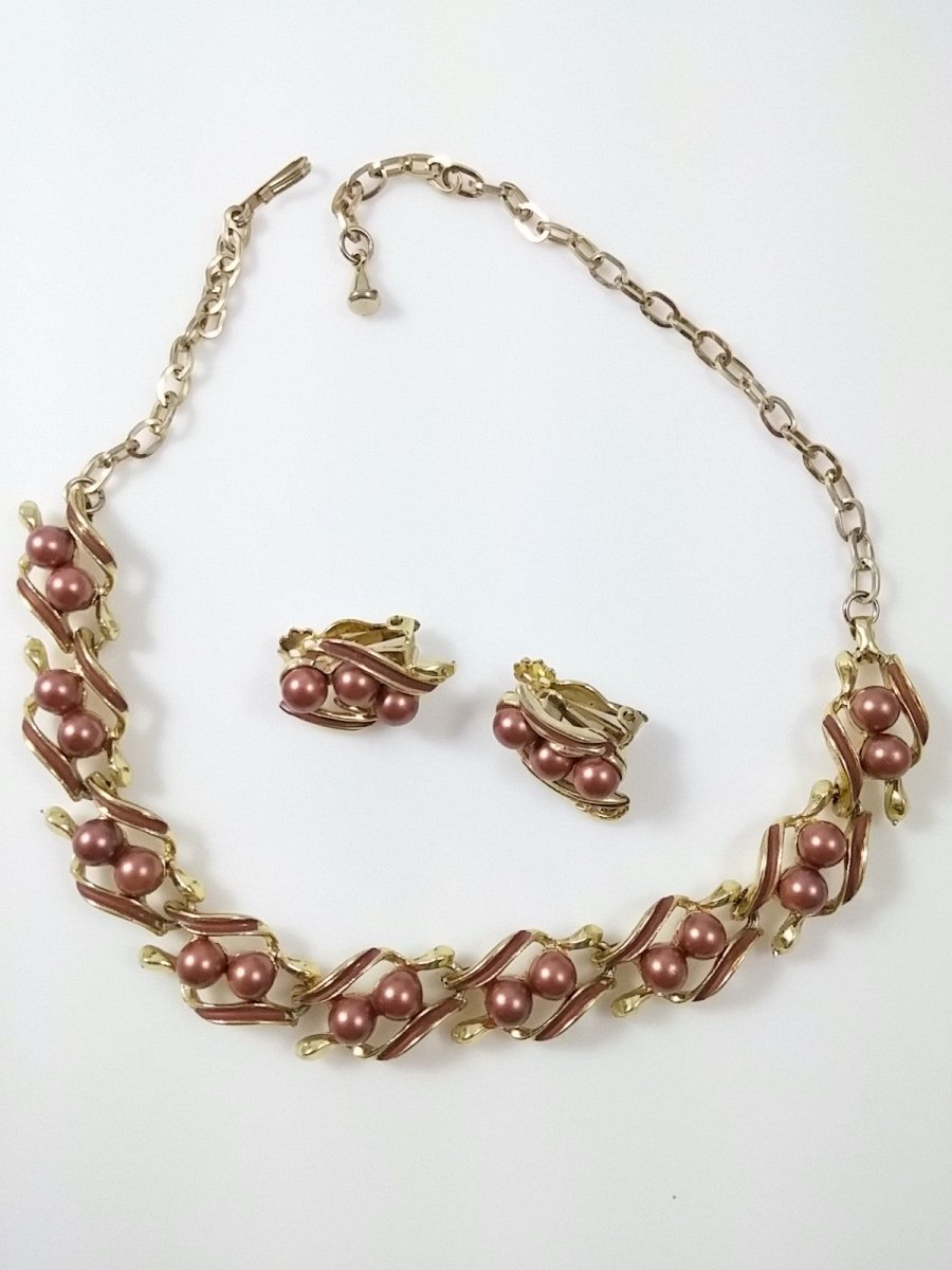 Vintage 60s Necklace & Earring Set - Faux Brown Pearl w/ Gold Tone Links - Dirty30 Vintage