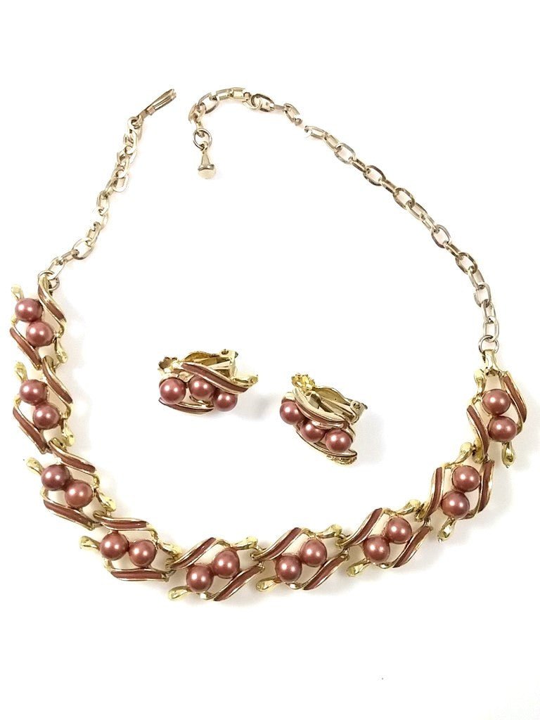 Vintage 60s Necklace & Earring Set - Faux Brown Pearl w/ Gold Tone Links - Dirty30 Vintage