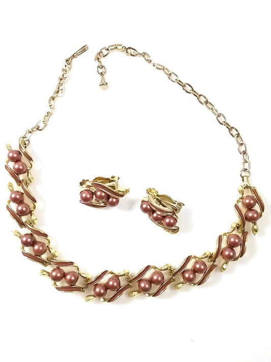 Vintage 60s Necklace & Earring Set - Faux Brown Pearl w/ Gold Tone Links - Dirty30 Vintage