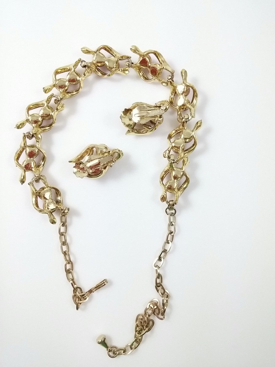Vintage 60s Necklace & Earring Set - Faux Brown Pearl w/ Gold Tone Links - Dirty30 Vintage