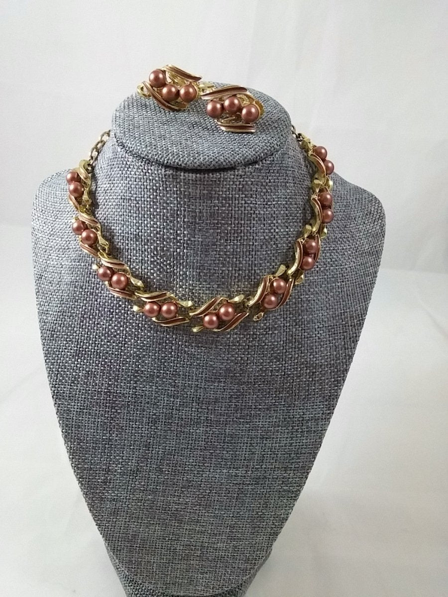 Vintage 60s Necklace & Earring Set - Faux Brown Pearl w/ Gold Tone Links - Dirty30 Vintage