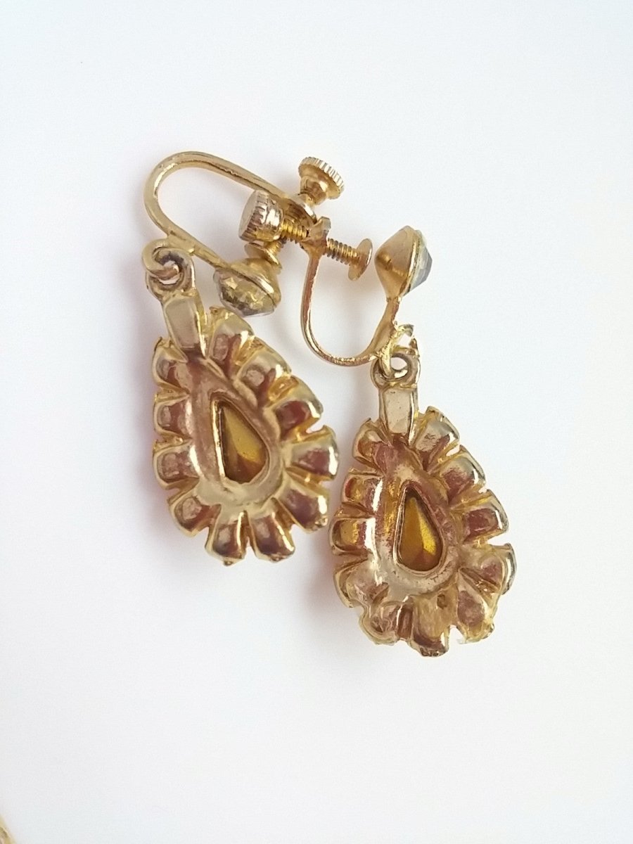 Vintage 60s Rhinestone Drop Earrings Red Tear Drop Center - Dirty30 Vintage