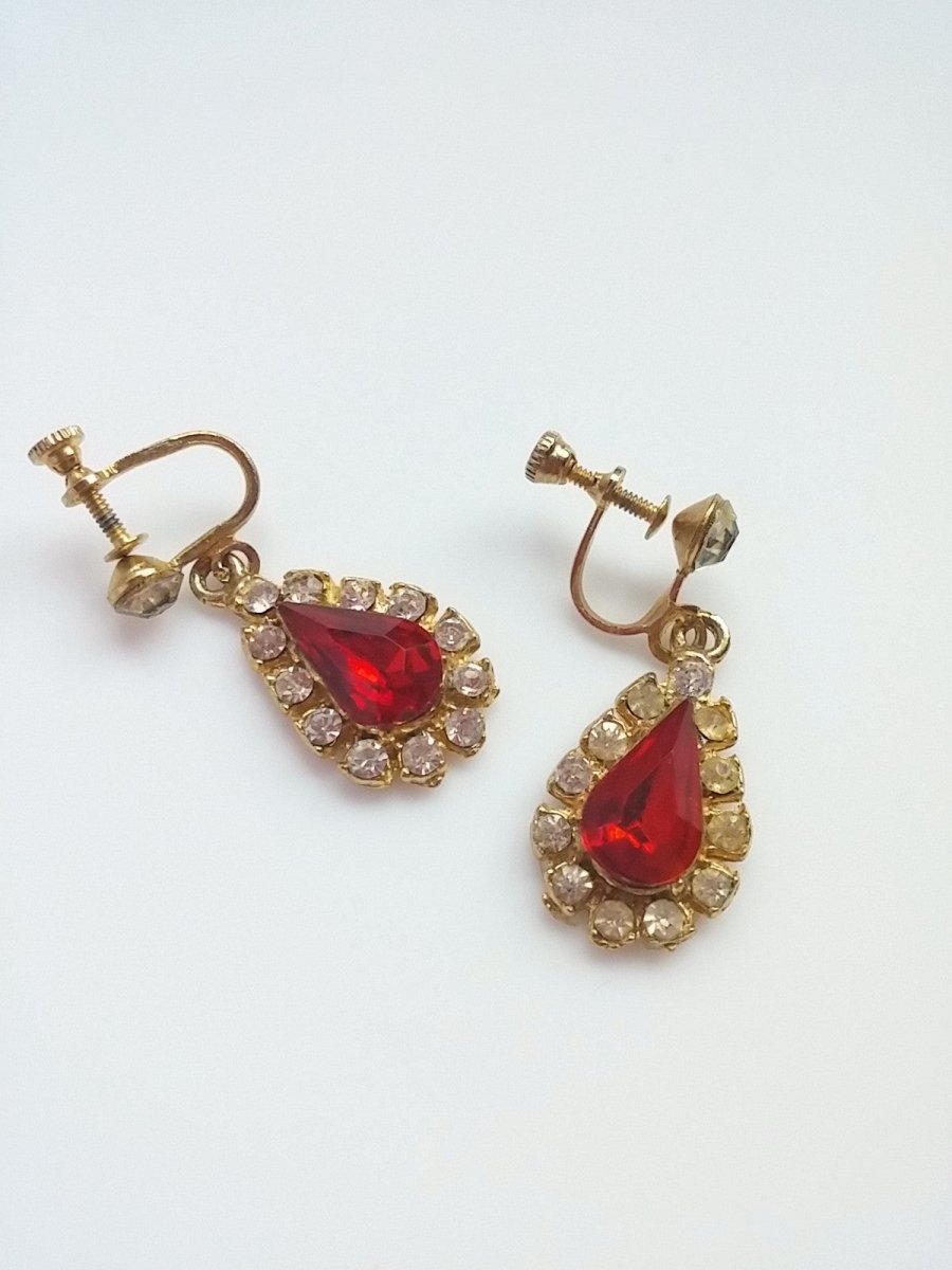 Vintage 60s Rhinestone Drop Earrings Red Tear Drop Center - Dirty30 Vintage