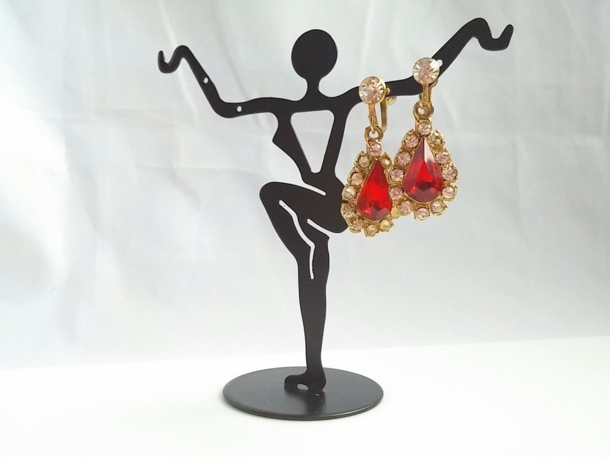 Vintage 60s Rhinestone Drop Earrings Red Tear Drop Center - Dirty30 Vintage