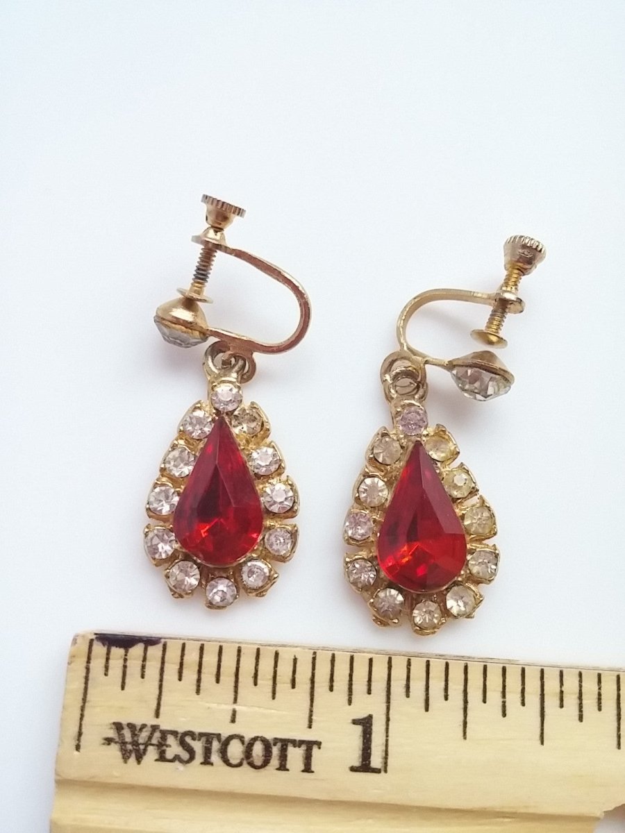Vintage 60s Rhinestone Drop Earrings Red Tear Drop Center - Dirty30 Vintage