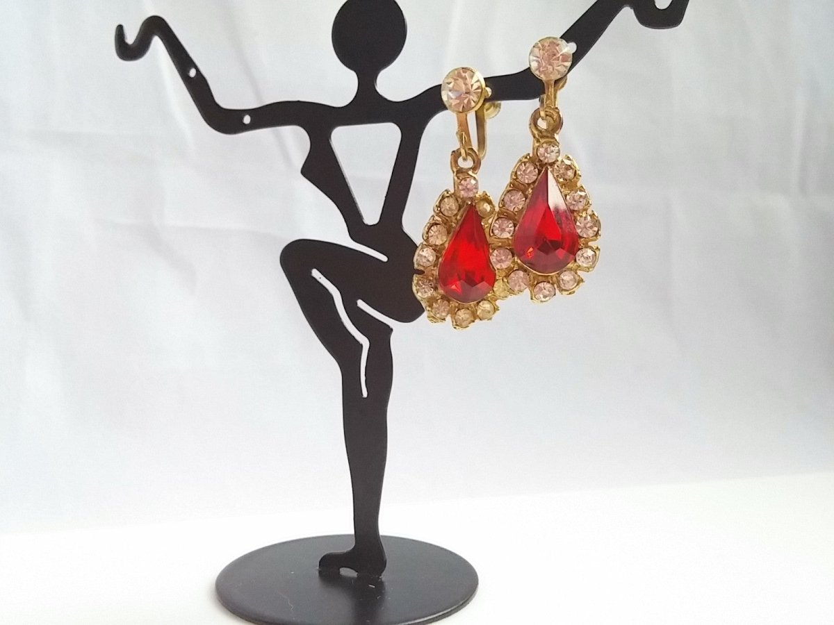 Vintage 60s Rhinestone Drop Earrings Red Tear Drop Center - Dirty30 Vintage