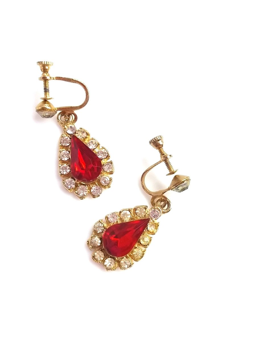 Vintage 60s Rhinestone Drop Earrings Red Tear Drop Center - Dirty30 Vintage