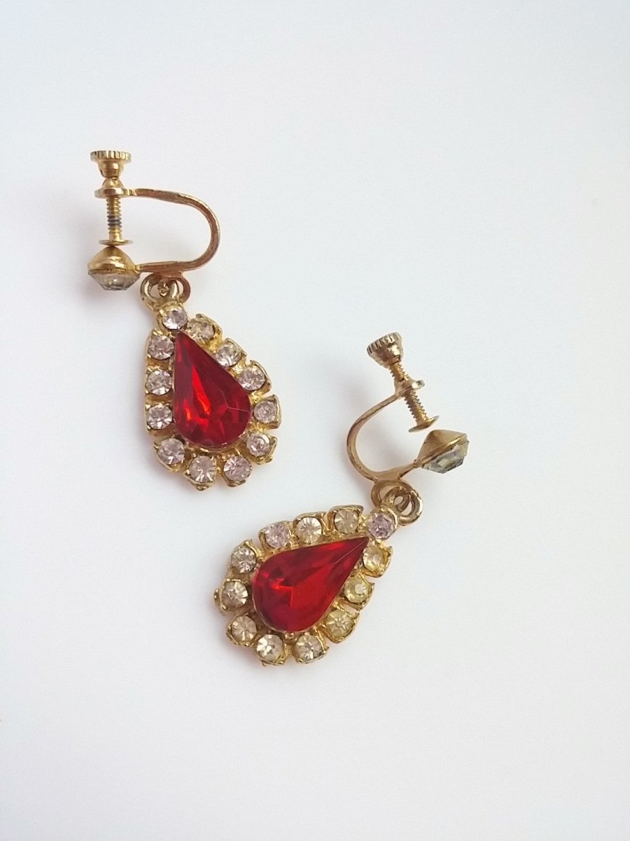 Vintage 60s Rhinestone Drop Earrings Red Tear Drop Center - Dirty30 Vintage