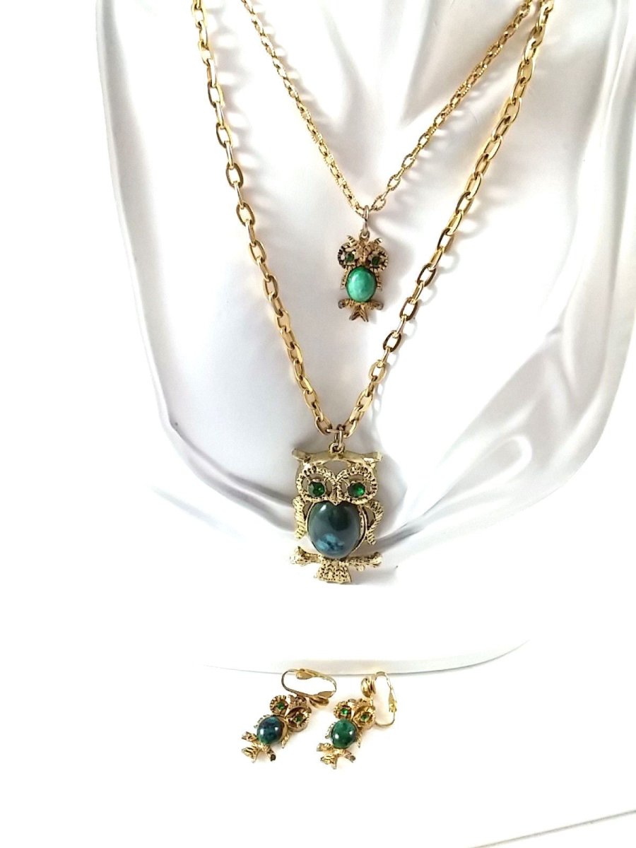 Vintage 70s Owl Agate Layered Necklace & Earring Set - Dirty30 Vintage