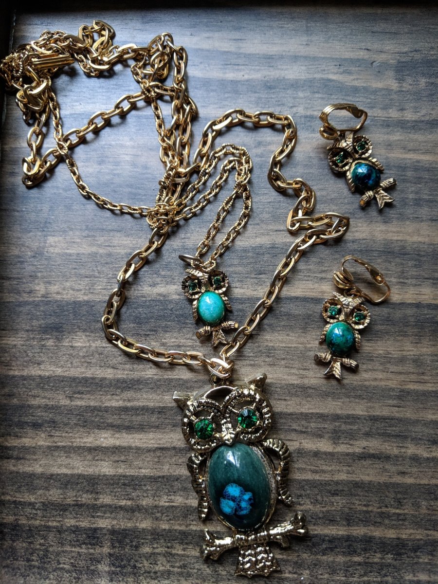 Vintage 70s Owl Agate Layered Necklace & Earring Set - Dirty30 Vintage
