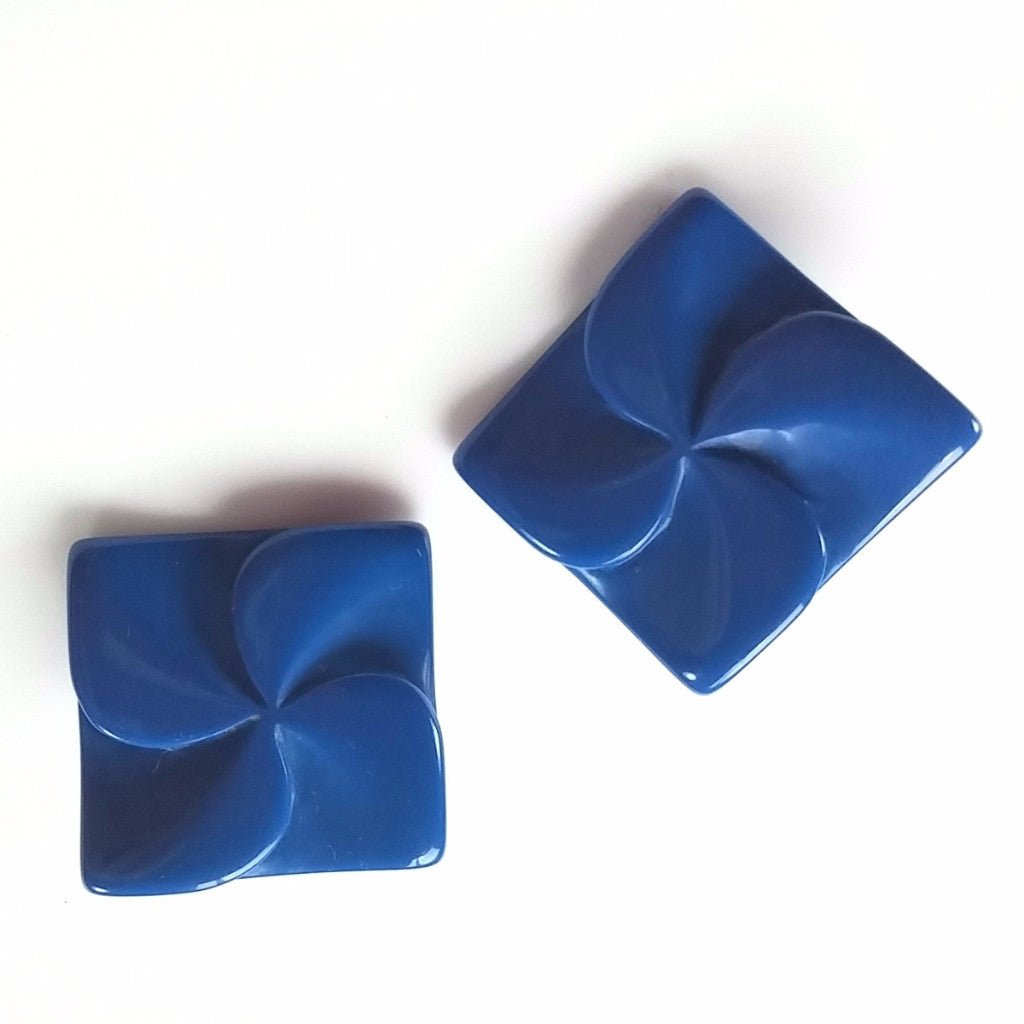 Vintage 80s Blue Earrings Bold Celluloid Post Back Square Statement Piece - Dirty30 Vintage