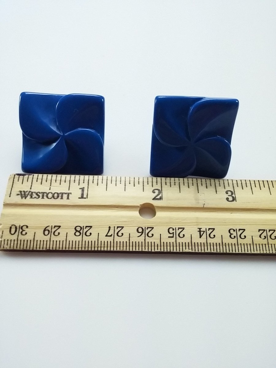 Vintage 80s Blue Earrings Bold Celluloid Post Back Square Statement Piece - Dirty30 Vintage