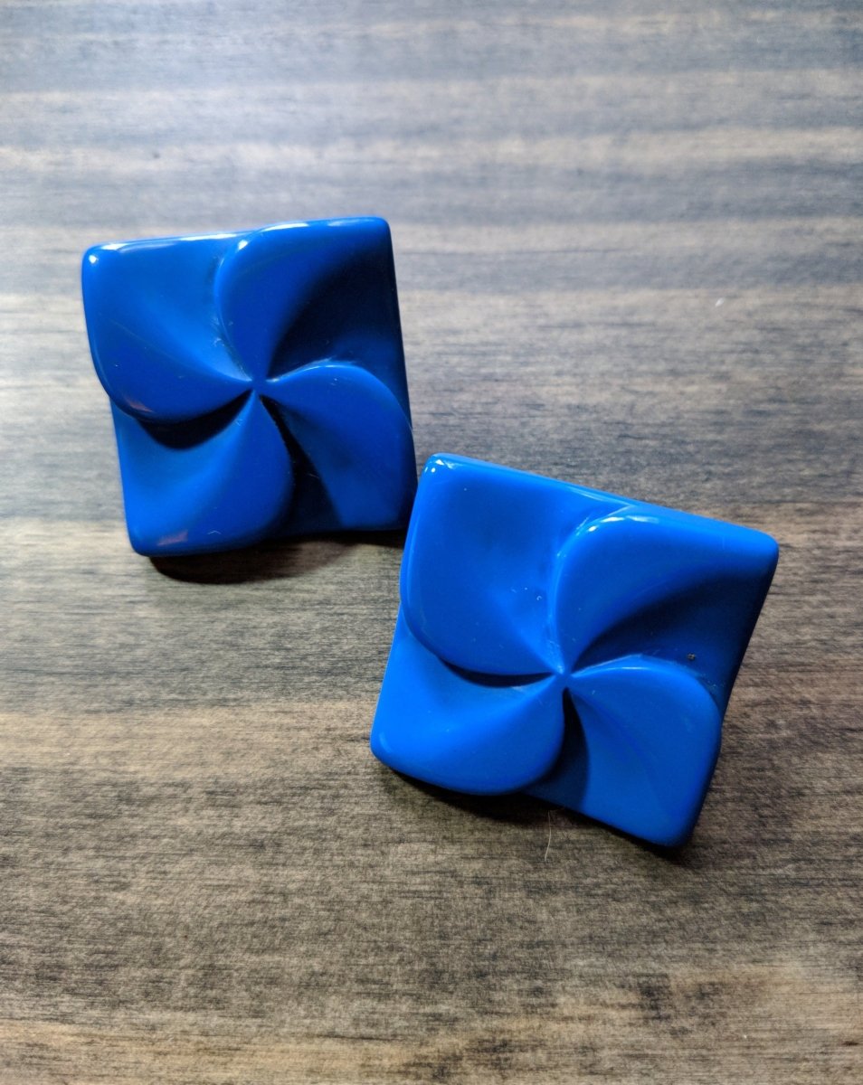 Vintage 80s Blue Earrings Bold Celluloid Post Back Square Statement Piece - Dirty30 Vintage