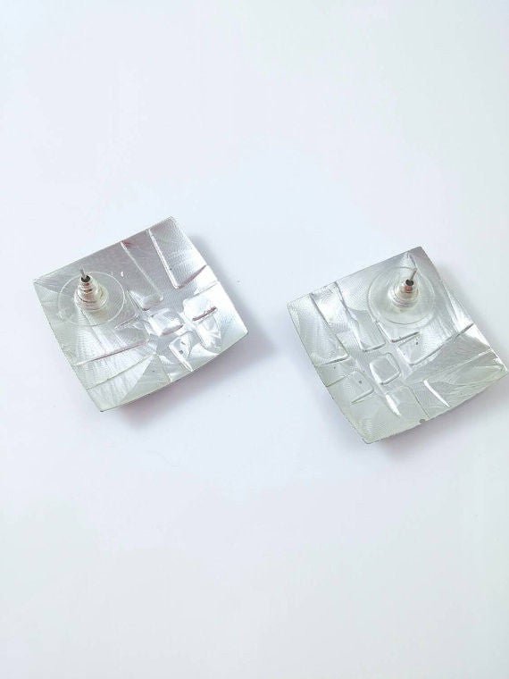 Vintage 80s Square Silver Black Earrings Retro New Wave Post Punk - Dirty30 Vintage