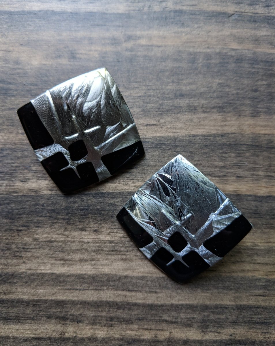 Vintage 80s Square Silver Black Earrings Retro New Wave Post Punk - Dirty30 Vintage
