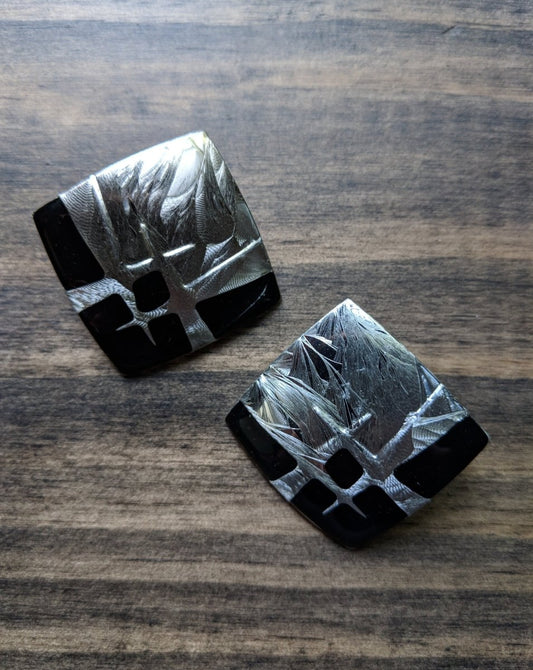 Vintage 80s Square Silver Black Earrings Retro New Wave Post Punk - Dirty30 Vintage