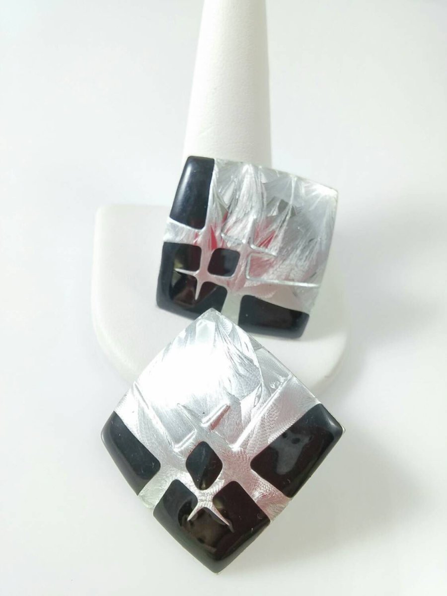Vintage 80s Square Silver Black Earrings Retro New Wave Post Punk - Dirty30 Vintage