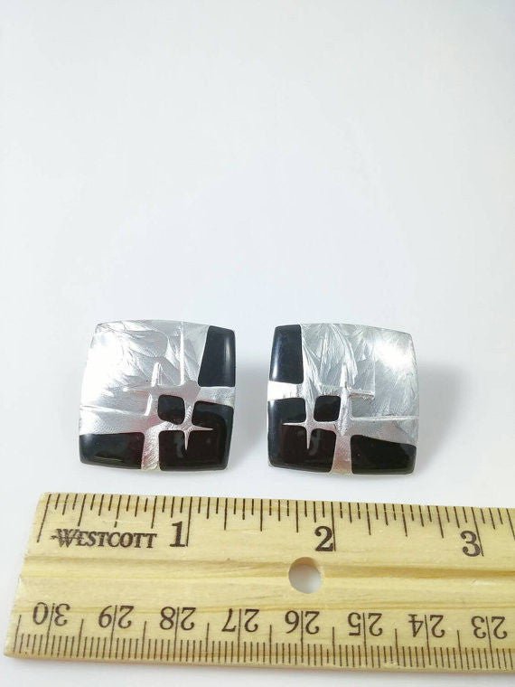 Vintage 80s Square Silver Black Earrings Retro New Wave Post Punk - Dirty30 Vintage