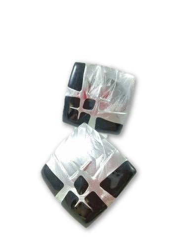 Vintage 80s Square Silver Black Earrings Retro New Wave Post Punk - Dirty30 Vintage