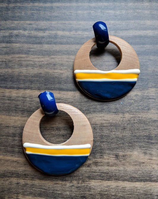 Vintage 80s/90s Circle Navy / Yellow Dangle Earrings - Dirty30 Vintage